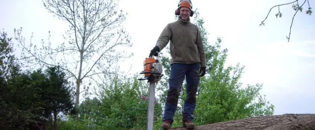 Jeroen Renkema met professionele Stihl kettingzaag op een gevelde boomstam